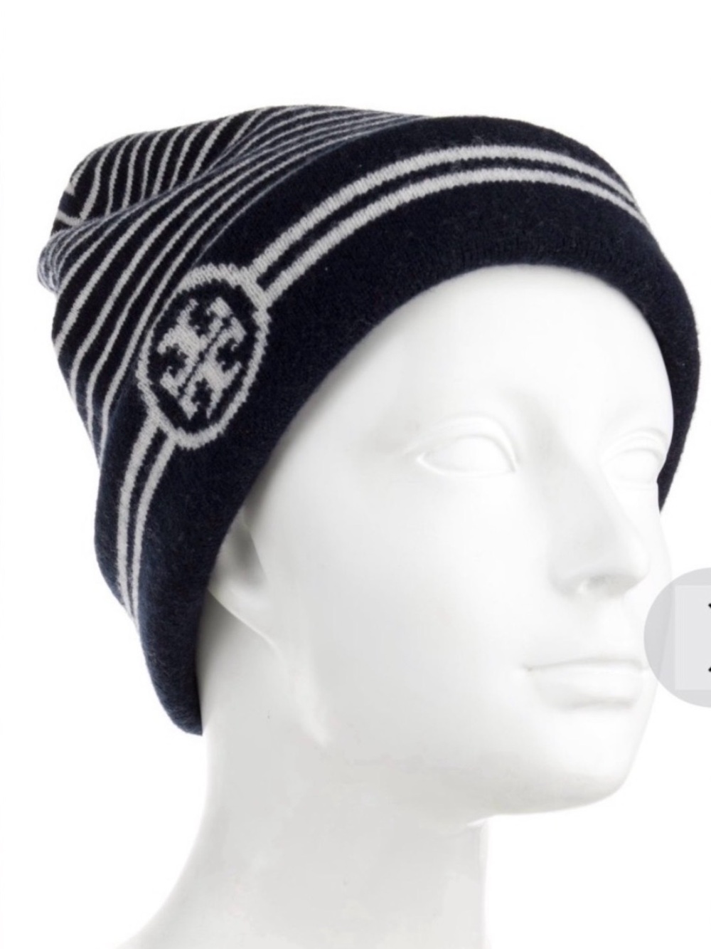 Tory Burch Navy and White Striped Logo Beanie